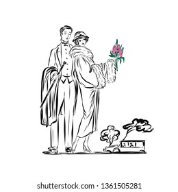 Couple woman and man in vintage style. Lady in fur coat and hat holds bouquet of tulips presented to her by gentleman in a tailcoat. Love. People from a different era. Drawing for coloring. 