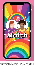 Couple woman and woman matching on a dating app with a rainbow flag colored waves background decorated with stars and hearts on a smartphone screen