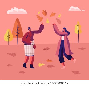 Couple of Women in Autumn Park Having Fun Walking Jumping on Puddles and Playing with Fallen Autumn Leaves among Colorful Trees. Fall Season Outdoor Activity, Leisure. Cartoon Flat Vector Illustration