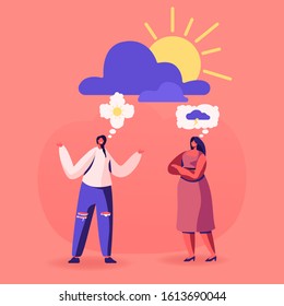 Couple of Women Discussing to Each Other Having Different Point of View and Life Attitudes. Pessimist and Optimist Girl Friends Communicate with Sun and Cloud Thoughts Cartoon Flat Vector Illustration