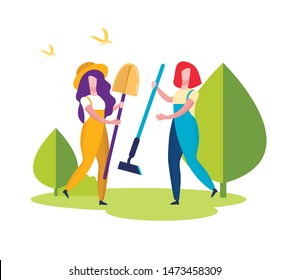 Couple of Women Farmers Isolated on White Background. Young Faceless Farm Girls Characters in Working Robes Holding Agricultural Tools as Rake and Shovel, Cartoon Flat Vector Illustration. Clip Art.