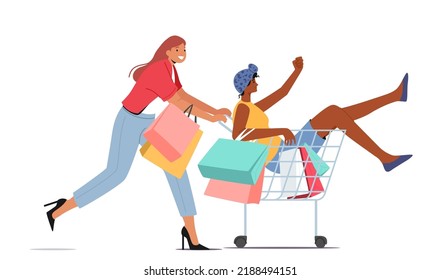 Couple of Women Fool in Supermarket Riding in Trolley. Happy Girl Pushing Shopping Cart with her Friend Sitting inside. Happy Sale, Fun, People Hurry for Discount. Cartoon Vector Illustration