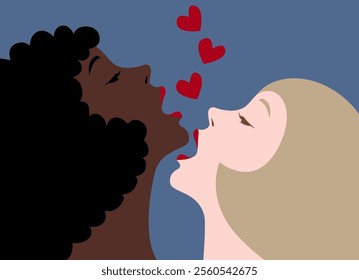 A couple of women in love. Two women of different races or nationalities kissing in profile. Vector illustration