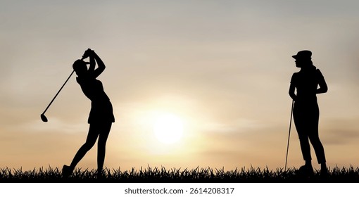 A couple of women play golf. Two people play golf..
