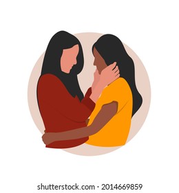 Couple women standing together facing and staring. Female couple is hugging her partner while facing vector character illustration