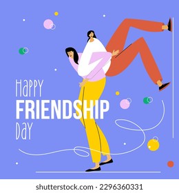 La pareja de mujeres o adolescentes se divierten y celebran el día nacional de los mejores amigos. FELIZ texto del DÍA DE LA AMISTAD. La Ilustración es buena para el diseño de póster, tarjeta de regalo o UX de interfaz de usuario.