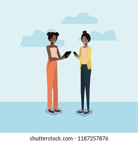 couple of women using smartphone