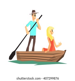 Couple In Wooden Boat Flat Vector Simplified Childish Cartoon Style Illustration Isolated On White Background