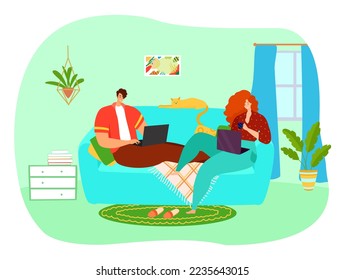 Couple work with laptop, freelance at home, vector illustration, flat man woman character sitting at sofa, use computer for online business job.