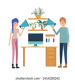 couple in the work office with white background