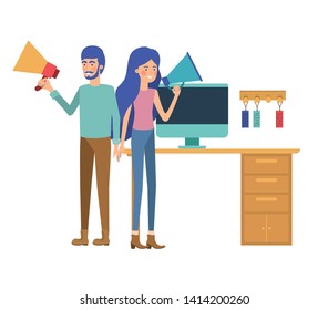 couple in the work office with white background