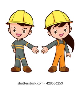 Couple of workers characters friendly smiling standing isolated