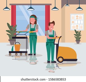 couple workers in housekepping with shining vector illustration design
