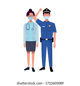 couple workers using face masks for covid19 vector illustration design