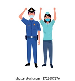 couple workers using face masks for covid19 vector illustration design