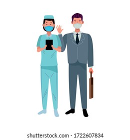 couple workers using face masks for covid19 vector illustration design