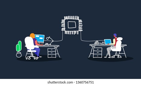 couple working at computer monitor man woman sitting at workplace desk artificial intelligence technology cpu chipset circuit board network connection sketch doodle horizontal