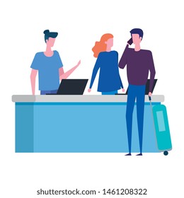 couple working in desk with computers and man customer