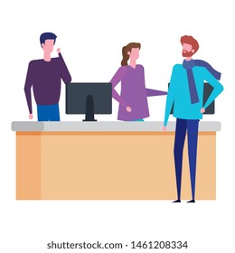 couple working in desk with computers and man customer
