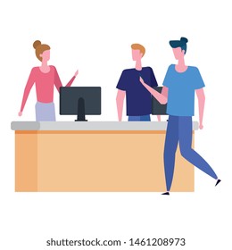couple working in desk with computers and man customer