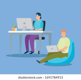 couple working at home avatar characters vector illustration design
