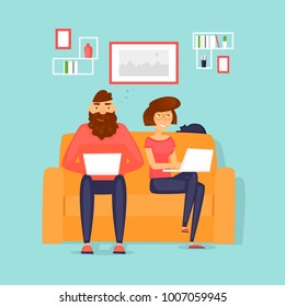 Couple working at home, freelancing, business, office. Flat vector illustration in cartoon style.