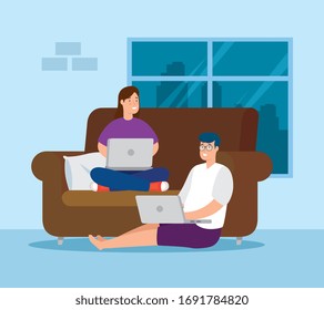 couple working at home with laptop and couch vector illustration design