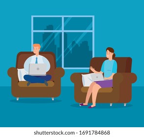 couple working at home with laptop and couch vector illustration design