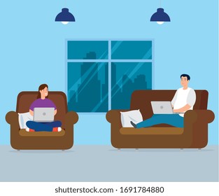 couple working at home with laptops sitting in couch vector illustration design