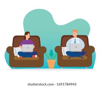 couple working at home with laptops sitting in couch vector illustration design