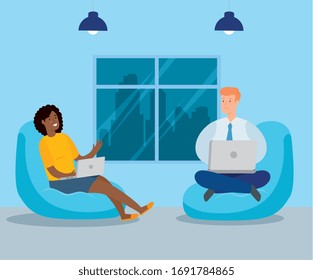 couple working at home with laptops vector illustration design
