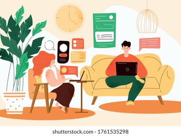 Couple working from home in the living room using laptop computers on the internet in a telecommuting concept during the Covid-19 pandemic, colored vector illustration