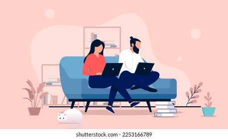 Couple working from home - Man and woman sitting in couch with laptop computers doing remote work together. Flat design vector illustration