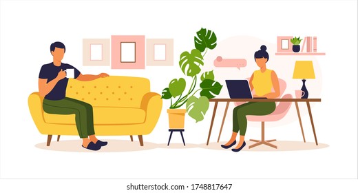 Couple working at home. Woman sitting at the table with laptop. Concept freelance, online education or work social media. Working from home, remote job. Flat style. Vector illustration.