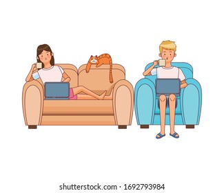couple working with laptops in the livingroom vector illustration design