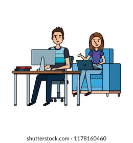 couple working in the office and sofa