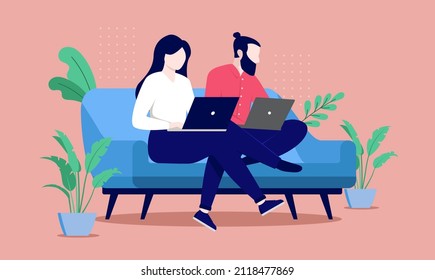 Couple working on computers in sofa - Two people, man and woman sitting in couch with laptops. Flat design vector illustration