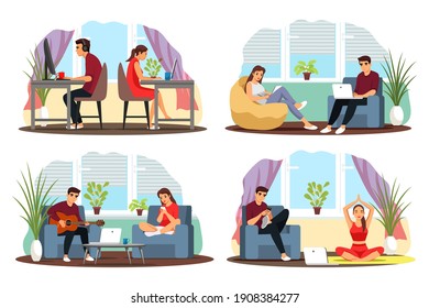 Couple working and resting at home set. Man and woman with computers, guy playing guitar, girl doing yoga. Weekend family activities vector illustration. Remote workplace together.