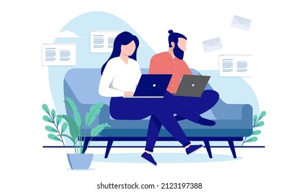 Couple working in sofa - Man and woman sitting with computers doing work at home. Flat design vector illustration with white background