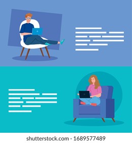 couple working in telecommuting avatar characters vector illustration design