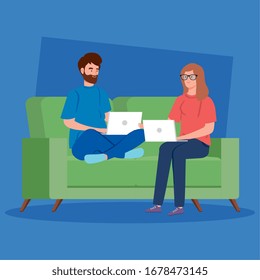 couple working in telecommuting with laptop in couch vector illustration design