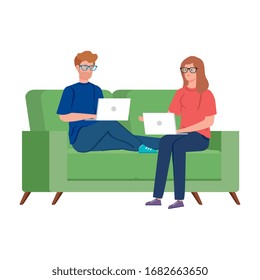 couple working in telecommuting with laptop in couch vector illustration design