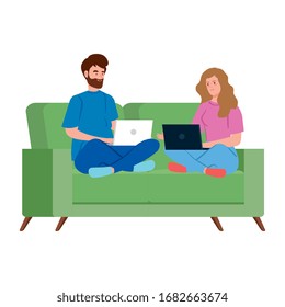 couple working in telecommuting with laptop in couch vector illustration design