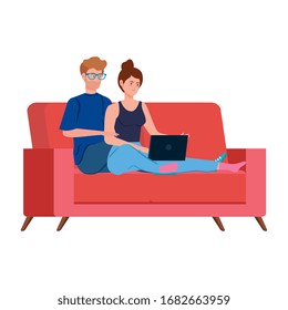 couple working in telecommuting with laptop in couch vector illustration design