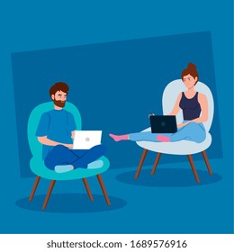 couple working in telecommuting sitting in chair vector illustration design