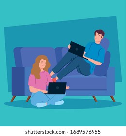 Pärchen, die im Bereich der Telekommunikation arbeiten und in der Vektorillustration auf Sofa sitzen