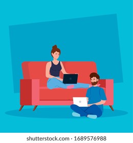 couple working in telecommuting sitting in couch vector illustration design