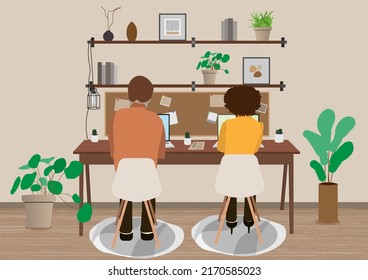 A couple working togetter at work space. Home office flat  cartoon characters sitting on the chair. Laptop, art, vast,  pin board in modern interior. 