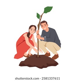 Couple works together to plant a young tree, commitment to nature and the environment. Flat vector illustration isolated on white background