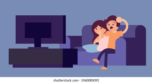 The couple is worriedly scared on the couch watching TV ,vector illustration
